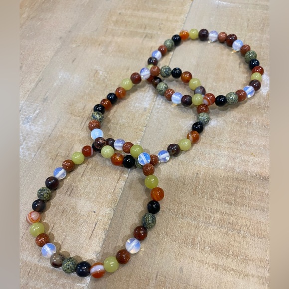 Multi color hard stone beaded intertwined bracelet stretch Opal onyx - Picture 6 of 10